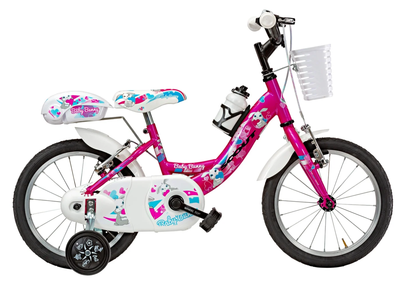 Scout Venere Baby Bunny bici da bambina 14 pollici fuxia con stabilizzatori, cestino e portabambola