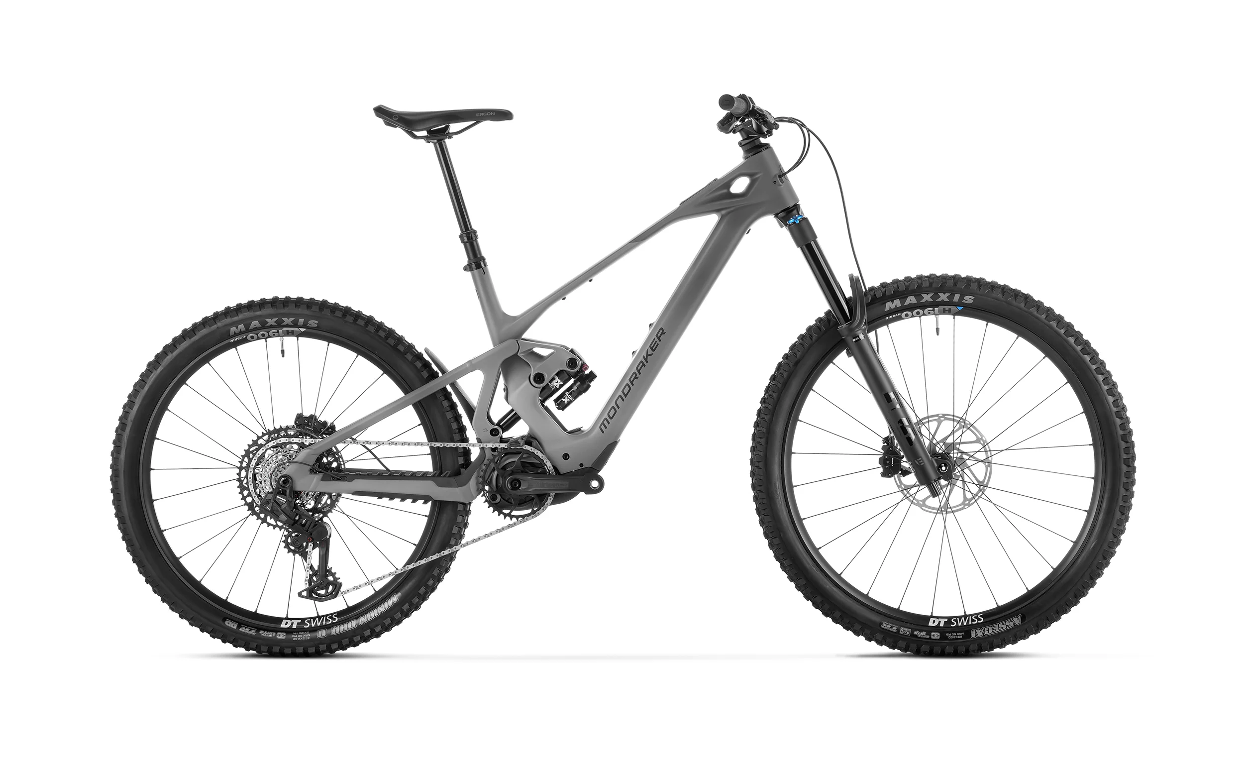 Mondraker Zendit R e-MTB enduro colore Greyhound Grey grigio con motore Avinox e sospensioni Fox - vista laterale